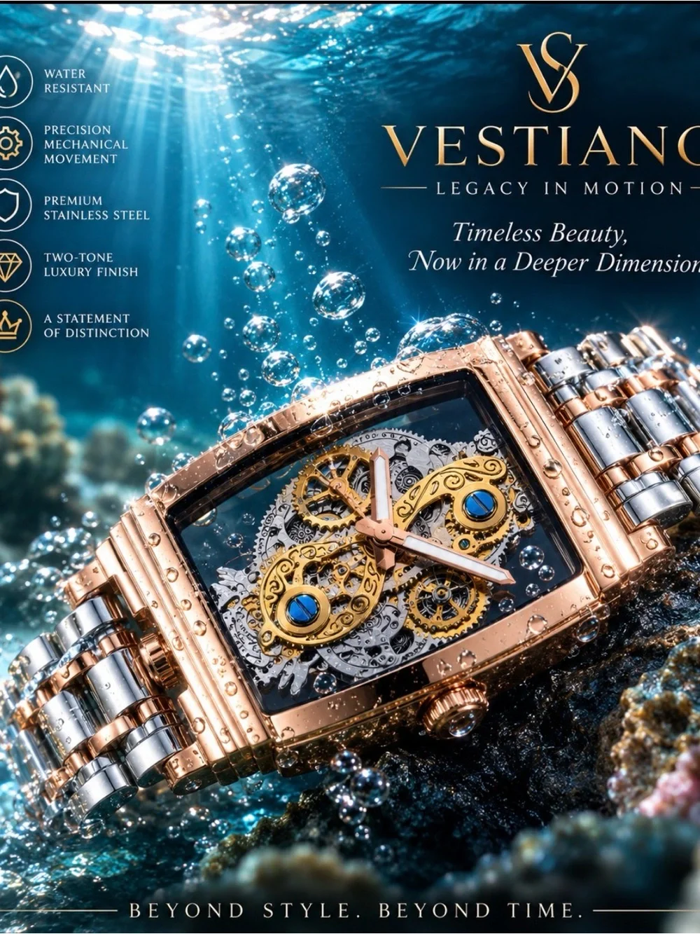 Vesti Rose Gold and Silver Skeleton Mechanical Watch
